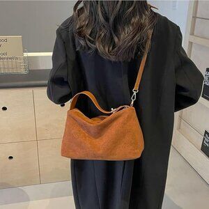 Brown Suede Leather Hobo Bags Slouchy Tote Handbag Adjustable Strap Crossbody